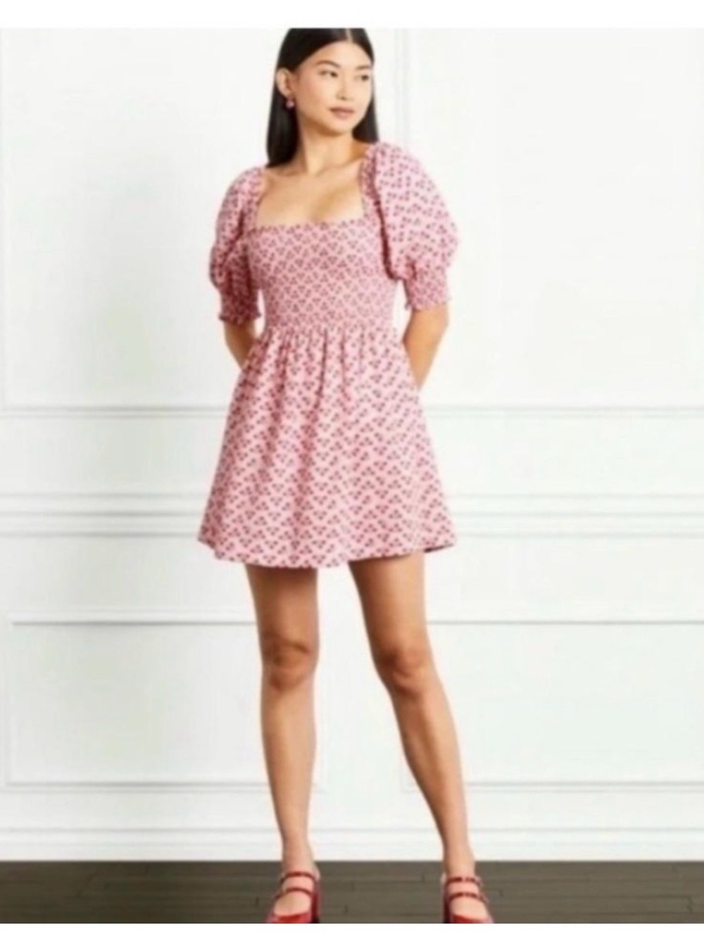 Hill House Pink Floral Square-Neck Puff-Sleeve Mini - worn once